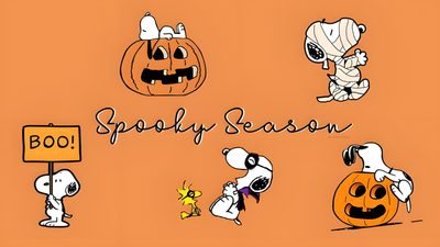 snoopy season with pumpkins and jack - o'- lanterns on an orange background Snoopy Halloween Chromebook Aesthetic Snoopy Fall Desktop, Snoopy Halloween Ipad, Snoopy Fall Laptop, coral