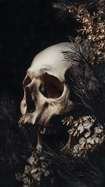 a human skull sitting on top of a pine tree Halloween Thorny Skulls Warm Gray Evolution Tattoo, Hyperrealistic Drawing, Graphite Art, Goth Decor, black