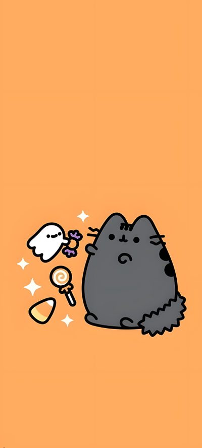 an animal eating food from a bowl on top of a orange background with the words hello kitty written below it Preppy Halloween Cat Pusheen Aesthetic, Pushers Halloween, Pusheen Autumn, Pumpkin Cat, sandy brown
