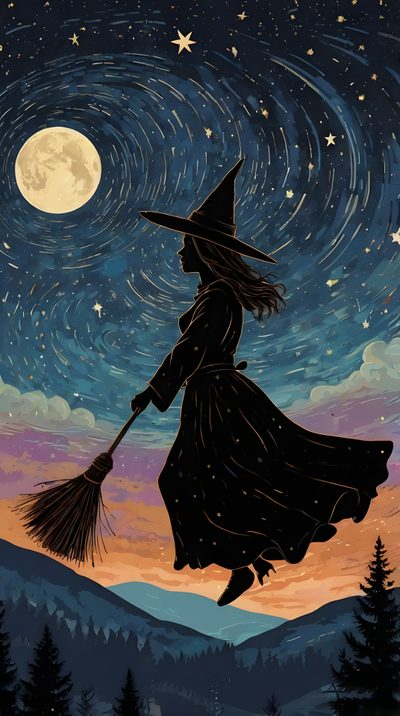 a painting of a witch flying through the night sky with her broom in her hand Halloween Witch For Bedroom Fall Witch, Witch Broom, Witches, Witch Phone, dark slate gray
