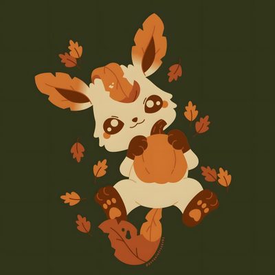 a giraffe with leaves around it's neck on a dark background, Leafeon Halloween Fall Leafeon, Autumn Pokemon, Fall Themed Pokemon, Eevee Pumpkin, dark slate gray
