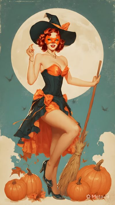 a painting of a woman dressed as a witch Halloween Pin Up Pinup Witch, Vintage Pinup Photoshoot, Pinup Photoshoot, Halloween Pin Up, rosy brown