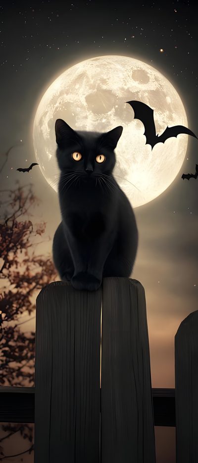 a black cat sitting on top of a fence in front of a full moon and bats Halloween Cat Phone Halloween Cat Background, Halloween Black Cat Background, Halloween Halloween Black Cat, dark slate gray