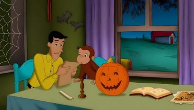 a man sitting at a table next to a monkey and a jack - o'- lantern Halloween Curios George Halloween Curios George, Curious George Widget Halloween, Curious George Halloween, dark slate gray