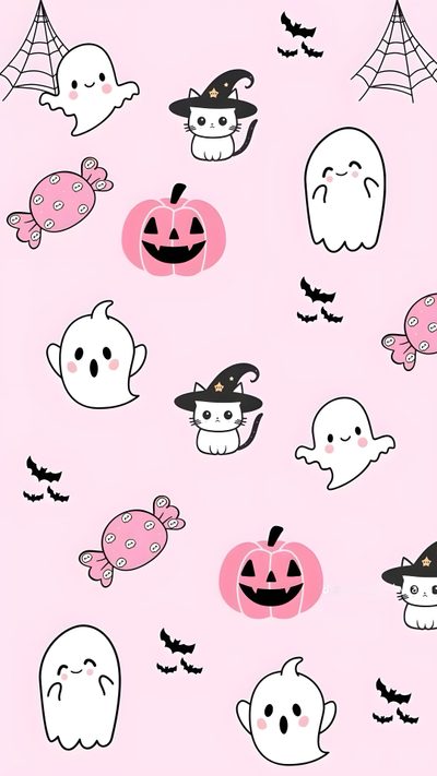 halloween wallpaper with ghost, pumpkins and bats on pink background for kids's room Happy Halloween Pink Cute Halloween Aesthetic Pink, Cute Pink Halloween Iphone, Pastel Pink Halloween Background, lavender blush