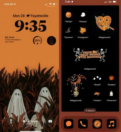 an orange and black halloween theme is on the phone screen Ios 16 Aesthetic Halloween Halloween Home Screen Aesthetic, Halloween Themed Phone Widgets, Halloween Phone Aesthetic, black