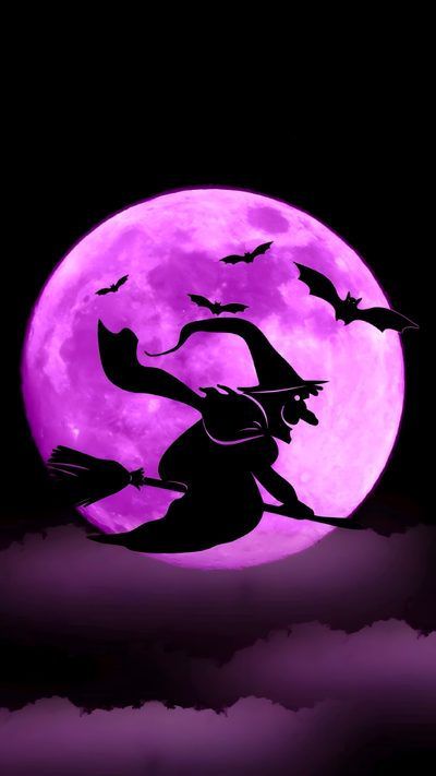 the silhouette of a witch flying in front of a full moon Pink Halloween Gif Good Night Love Pictures, Happy Halloween Pictures, Scary Photos, Purple Crayon, black