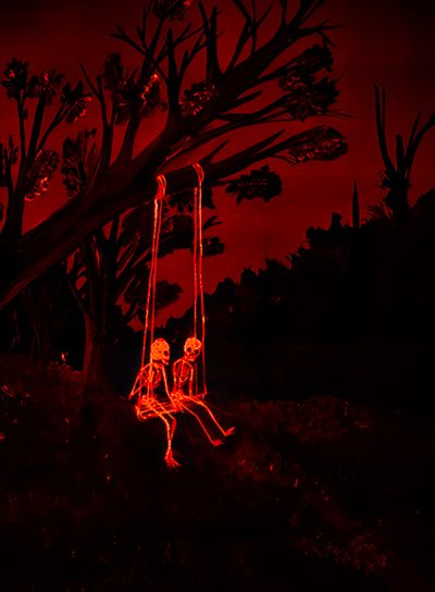 a skeleton sitting on a swing in the dark with red light coming from behind it Red Halloween Aesthetic Red Skeleton, Red Creepy, Utility Pole, Red, black