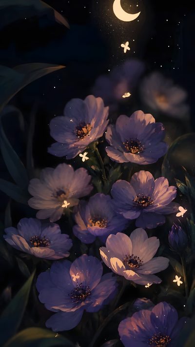 some purple flowers are in the dark with a crescent moon above them and stars on the night sky Moonlight Flowers Halloween Floral Flower Pic Art, Purple Flower Phone, Flowers Aesthetic, black