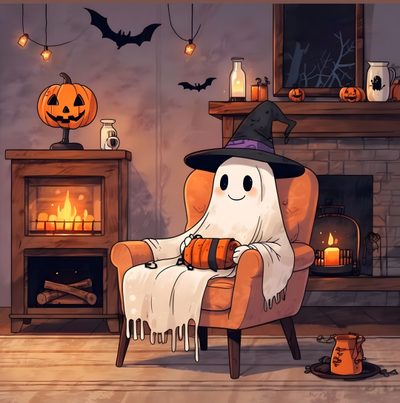 a halloween scene with a ghost sitting in a chair next to a fire place and pumpkins Halloween Fireplace Ghost Sitting In Chair Drawing, Cozy Ghost, Sheet Ghost Illustration, dim gray
