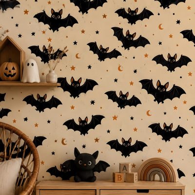 bats and stars are on the wall next to a wooden dresser in this halloween themed room Halloween Bat For Bedroom Dark Academia Room Decor, Vinyl Wall Covering, Cream Color Scheme, Star Nursery, tan