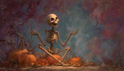 a painting of a skeleton sitting on pumpkins Halloween Skeleton Desktop Halloween, Desktop Halloween, Desktop Spooky, dark slate gray