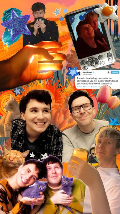 collage of people and their pets in front of an orange background with images of hands holding cats Dan And Phil Halloween 2009 Dan And Phil, Art, sienna