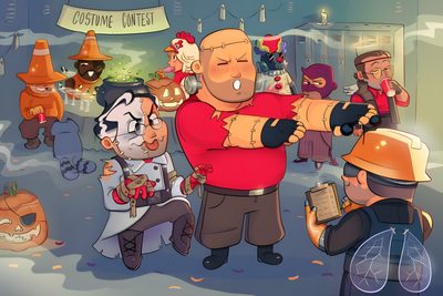an animated image of people dressed up as clowns and witches in a halloween party Tf2 Halloween Tf2 Halloween Comic, Tf2 Pyro And Medic, Tf2 Mercs As Kids, Tf2 Family, dim gray