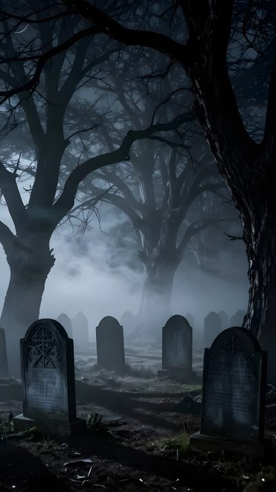an old cemetery with tombstones and trees in the fog at night, illuminated by lights Halloween Graveyard Grave Background, Vampire Graveyard, Spooky Graveyard, Cemetery At Night, dark slate gray