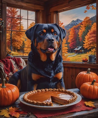 a painting of a dog sitting in front of a pie with pumpkins around it Halloween Rottweiler Rottweiler Dog, Rottweiler, Dogs, saddle brown