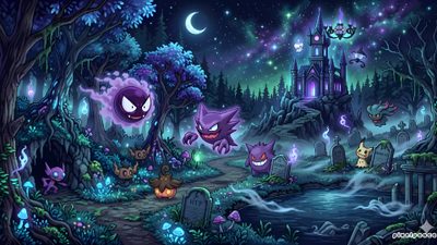 an image of some cartoon characters in the woods at night with glowing lights and trees Pokemon Halloween Haunter Desktop, Gengar Pc, Spooky Pokemon, Gengar Hd Pc, Pokemon Landscape, dark slate gray