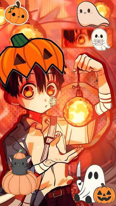 an anime character holding a pumpkin in her hand Hanako Halloween Holiday, Jibaku Shounen Hanako-kun, Hanako Halloween, Anime Halloween Backgrounds, tomato