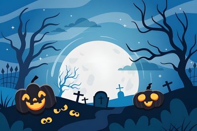 halloween scene with pumpkins and bats in front of a full moon, graveyard and cemetery Halloween Vector Halloween Backgrounds Drawing, Halloween Landscape Background, Halloween Background Drawing, steel blue