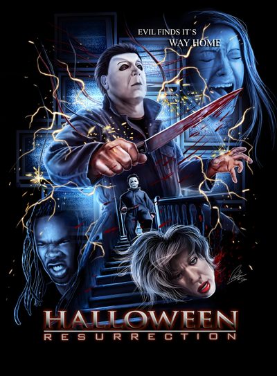 the poster for halloween resurrection, which features two women and a man holding a knife Halloween Resurrection The Return Of Michael Myers, Halloween Resurrection Poster, Halloween 2 Poster, black