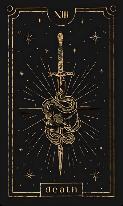 a black and gold tarot card with a dagger on it, surrounded by stars Black And Gold Halloween Elegant Tarot Card Art, Intricate Tarot Card Design, Dark Tarot Card Design,
