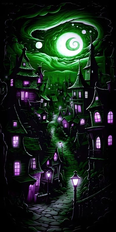 an image of a green and purple halloween scene Purple And Green Halloween Tim Burton Inspired Background, Tim Burton Art Background, Dark Witchy, black