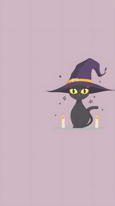 a black cat wearing a witches hat with candles in front of it on a purple background Basic Witch Halloween Halloween Pastel Cat, Witch And Cat Background, Cat Halloween Iphone, Witch Cat, silver