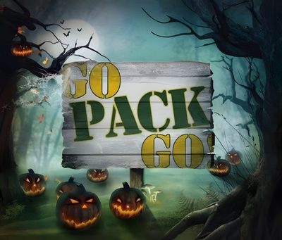a wooden sign with carved pumpkins in front of it that says go pack go Packers Halloween Trunk Or Treat Green Bay, Packers Pumpkins, Green Bay Packers Thanksgiving, dark slate gray
