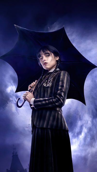 a woman holding an umbrella in front of a cloudy sky Wednesday Halloween Wednesday Addams With Umbrella, Wednesday Netflix Logo Png, Wednesday Addams For Laptop, midnight blue