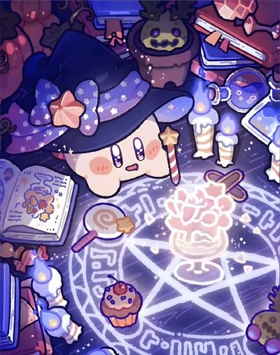 an image of a cartoon character surrounded by other characters and objects on a table top Kirby Halloween Iphone Cute Witch With Magical Items, Halloween Party Decoration Ideas, Halloween Witch Illustration, slate gray