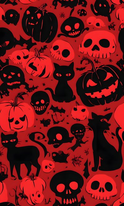 a bunch of halloween pumpkins and cats on a red background with black cat silhouettes Red Halloween Red Halloween Iphone, Red And Black Halloween, Red And Black Halloween Background, firebrick