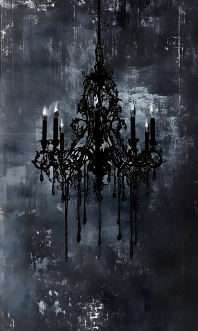 a chandelier hanging from the ceiling in front of a dark wall with dripping paint Halloween Chandelier Chandelier Art, Mural, dark slate gray