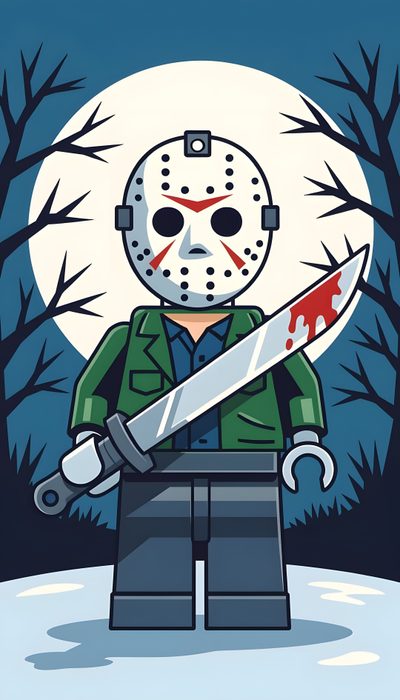 a lego figure holding a knife in front of a full moon with trees and branches Halloween Lego Jason Voorhees Cartoon, Jason Cute, Jason Voorhees Cartoon Images, dark slate blue