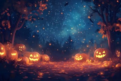 pumpkins lit up in the night sky with stars and lights on them, surrounded by leaves Halloween Evening Custom Halloween Space Background, Cute Halloween Backgrounds Landscape, Halloween Background Spooky, dark slate gray