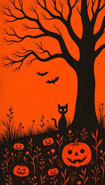 an orange and black halloween scene with a cat sitting under a tree Halloween Tree Halloween Orange, Halloween Black Cat, Halloween, Spooky Trees, Black Cat Halloween, chocolate