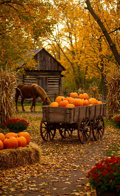 an old wagon filled with pumpkins and hay in front of a horse drawn carriage Halloween Farm Beautiful Thanksgiving, Aesthetic Fall Vibes, Autumn Splendor, Fall Farm, saddle brown