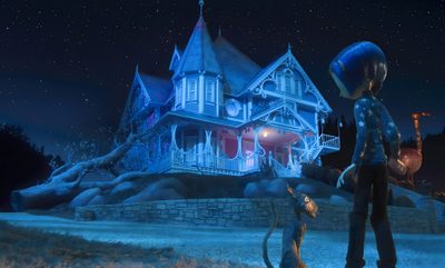 a cat and a person standing in front of a house at night with the lights on Halloween Iphone Coraline Coraline Film, Coraline Art, Laika Studios, Coraline Movie, Laptop, dark slate gray