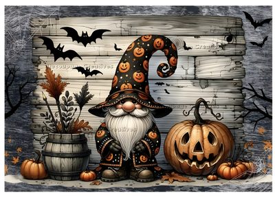 a halloween scene with pumpkins, jack - o'- lanterns and a gnome Halloween Gnome Desktop Latest Graphic Design Trends, Tactile Art, Faux Leaf, Halloween Wall Decor, dim gray