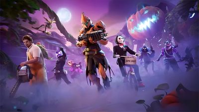 an image of a group of people in the middle of a foggy area with pumpkins Halloween Fortnite Fortnitemares 4k, Fortnitemares Background, All Fortnite Season, dark slate blue