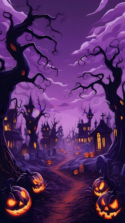 a halloween scene with pumpkins on the ground in front of trees and houses at night Halloween Canva Background Halloween, Halloween Backgrounds, Halloween Cute, Halloween Moon, indigo