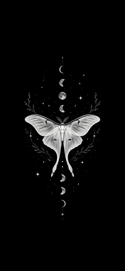 a white butterfly sitting on top of a black background with stars and crescents around it Halloween Moth Amoled, Midnight Rose, Minimalist Phone, Luna Moth, Black And White, Minimalist,