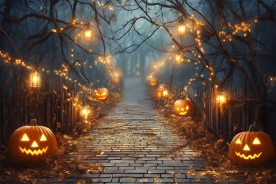 halloween pumpkins are lit up on the path in front of trees and fence with lights Halloween Pumpkin Path Halloween Path Background, Halloween Background Facebook, Halloween Teams Backgrounds, dark olive green