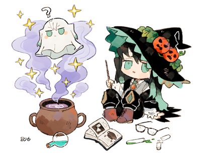 a drawing of a witch with a caulder Halloween Muichiro Muichiro Halloween Art, Chibi Tokito Halloween, Muichiro Halloween Pfp, white