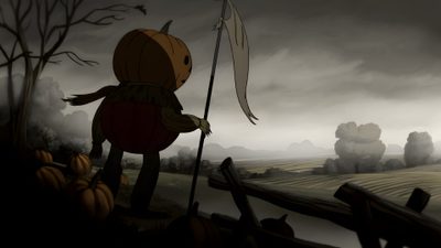 a cartoon character holding a flag and standing in front of a field with pumpkins Halloween Over The Garden Wall Over The Garden Wall Laptop, Over The Garden Wall Desktop, Over The Garden Wall Macbook, dark slate gray
