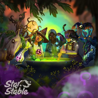 some cartoon characters are sitting at a table in front of a horse and other animals Star Stable Halloween 4k Star Stable Offers, Star Stable Logo, Star Stables Logo, dark slate gray