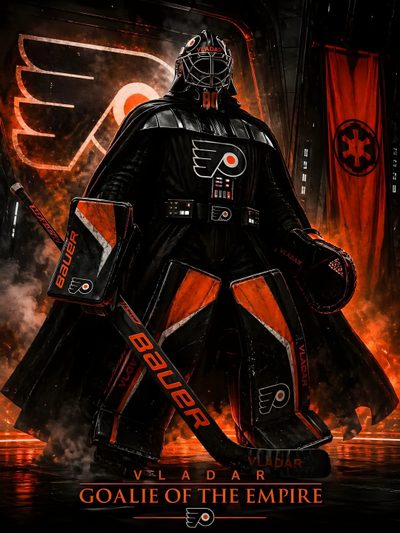 darth vader from star wars with his helmet on and the words goalie of the empire Hockey Halloween Philadelphia Flyers Hockey, Hockey Pictures, Flyers Hockey, Disney Figurines, black