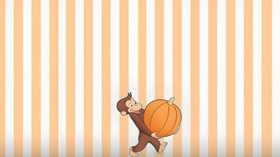 a monkey carrying a pumpkin on its back with stripes in the background and an orange striped wall Curious George Halloween Curious George Laptop, Macbook Orange, Notebook, Curious George Christmas, wheat