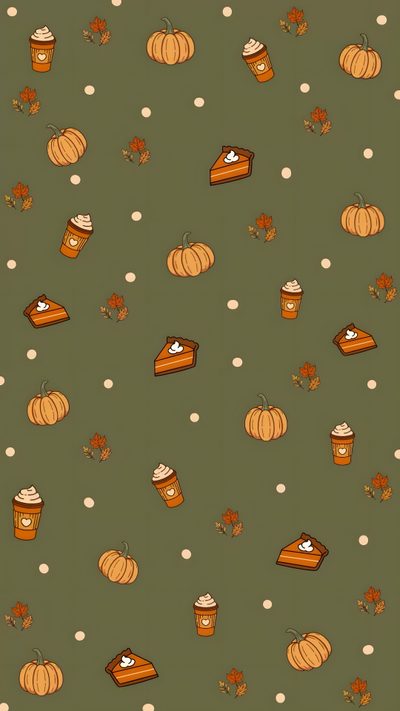 a green background with pumpkins, pie and coffee cups on it's sides Halloween Thanksgiving Cute Thanksgiving Backgrounds Aesthetic, November Backgrounds, Thanksgiving Phone Backgrounds, dark olive green