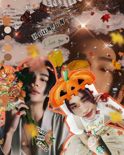 collage of two women with pumpkins on their heads and flowers in front of them Hyunjin Halloween Skz Thanksgiving, Skzoo Fall, Kpop Fall Aesthetic, Stray Kids Pumpkin Carving, peru
