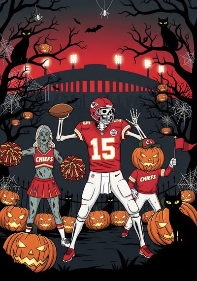 two football players are surrounded by pumpkins and jack - o'- lanterns Chiefs Halloween Design, Chiefs Football Background, Halloween, Patrick Mahomes Halloween, dark slate gray